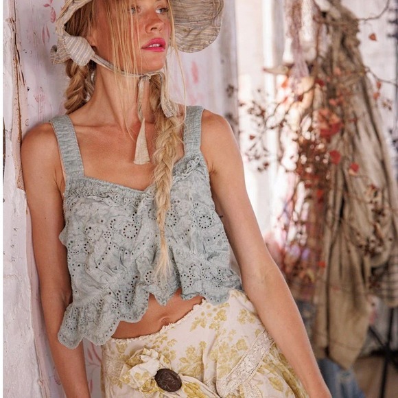 Magnolia Pearl Tops - Magnolia Pearl Eyelet Lace Ruffle Tank Top Blue Floral Embroidered NWT